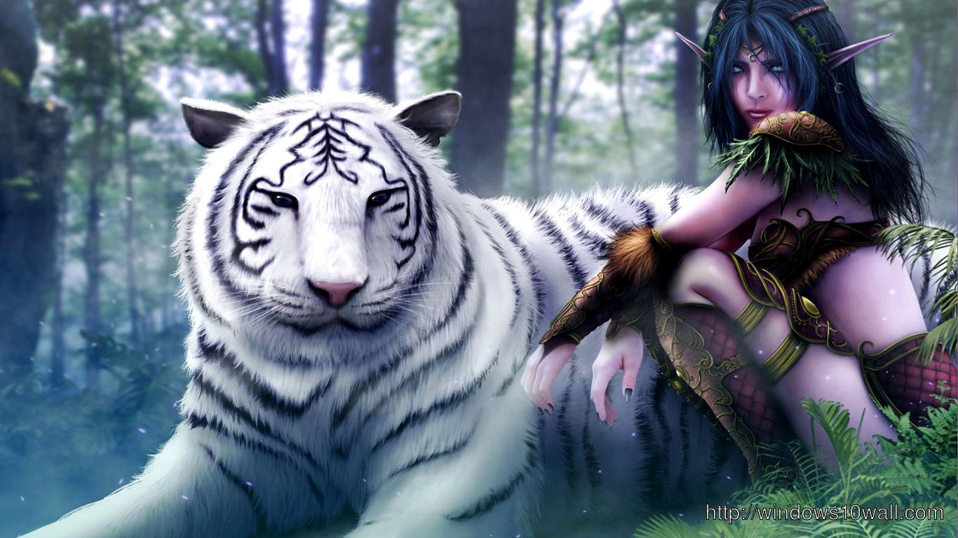 3D White Tiger And Girl HD Fre Download Wallpaper