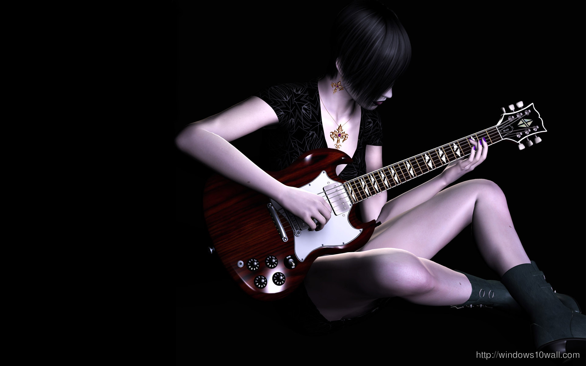 Girl with Guitar HD Black Background Wallpaper