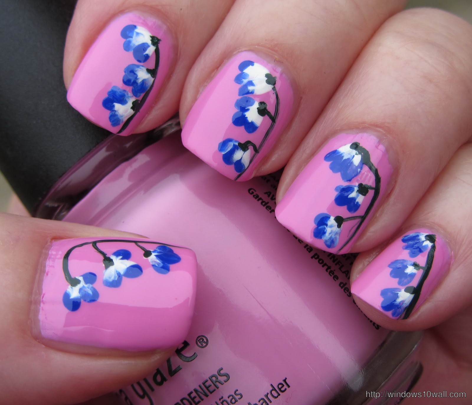 pink-nail-art-with-blue-flowers-background-wallpaper